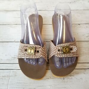 Flogg Nikita Leather Rhinestone Studded Adjustable Single Strap Slide Sandals